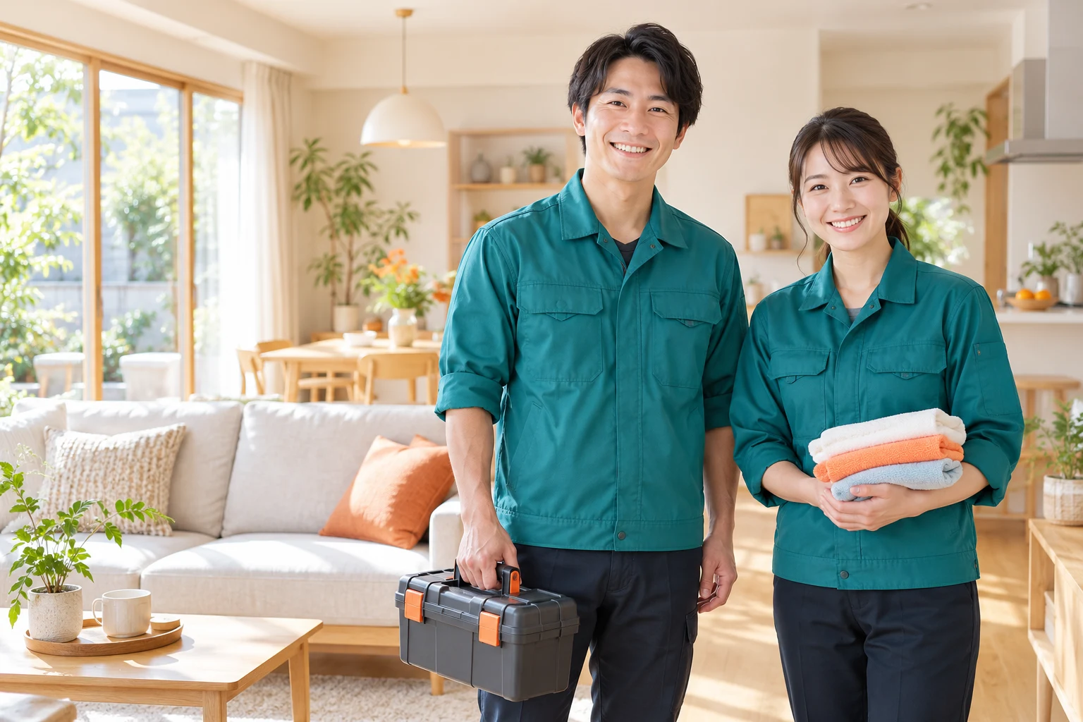 明るい室内で、工具箱と掃除用品を持つスタッフのイメージ